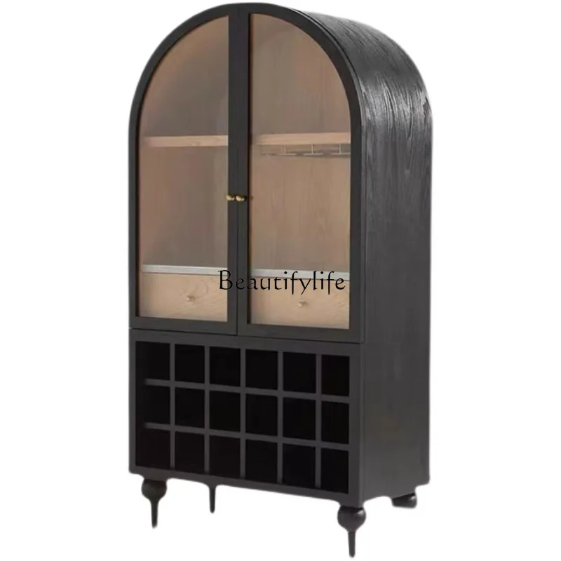 

Nordic Solid Wood Vintage Black Wine Cabinet Chinese Style Wall-Mounted Round Top Glass American Style Double Door Cabinet
