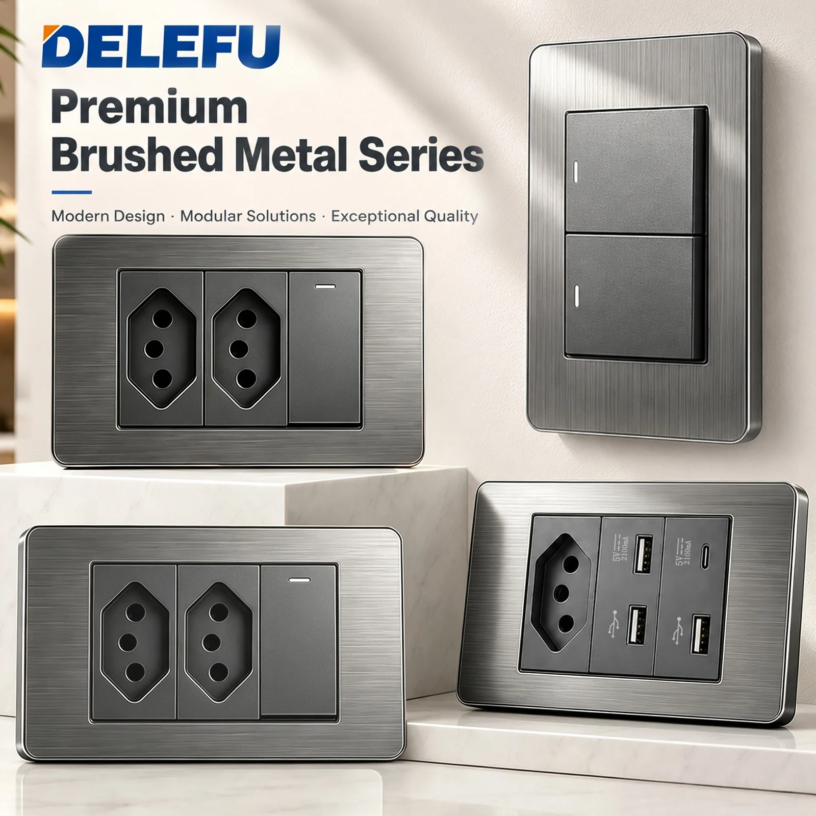DELEFU Interruptor e Tomada Elétrica Cor Cinza Superfície de Aço Inox Padrão Brasileiro 10A 20A Espessura 4x2mm Duplo Carregador USB Tipo C Para Casa Escritório Instalação na Parede