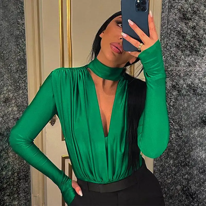 

Весна-лето 2023: Сексуальный облегающий комбинезон с V-образным вырезом и длинными рукавами, универсальный, модный, с пэчворком, низкой талией, для женщин