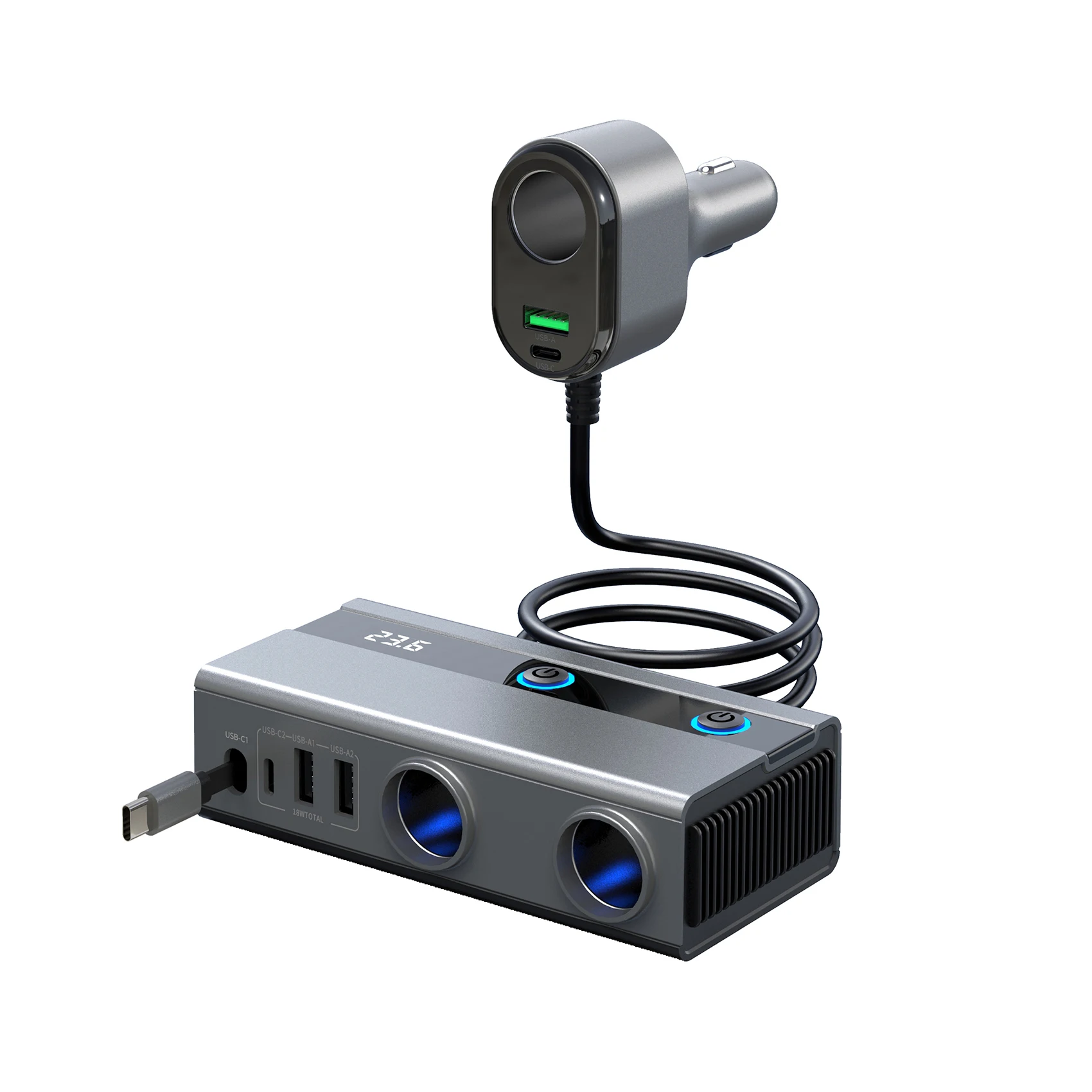120W High Power 9-in-1 Car Cigarette Lighter Charger with Retractable Cable PD Fast Charging Switch Vehicle Power Outlet Adapter