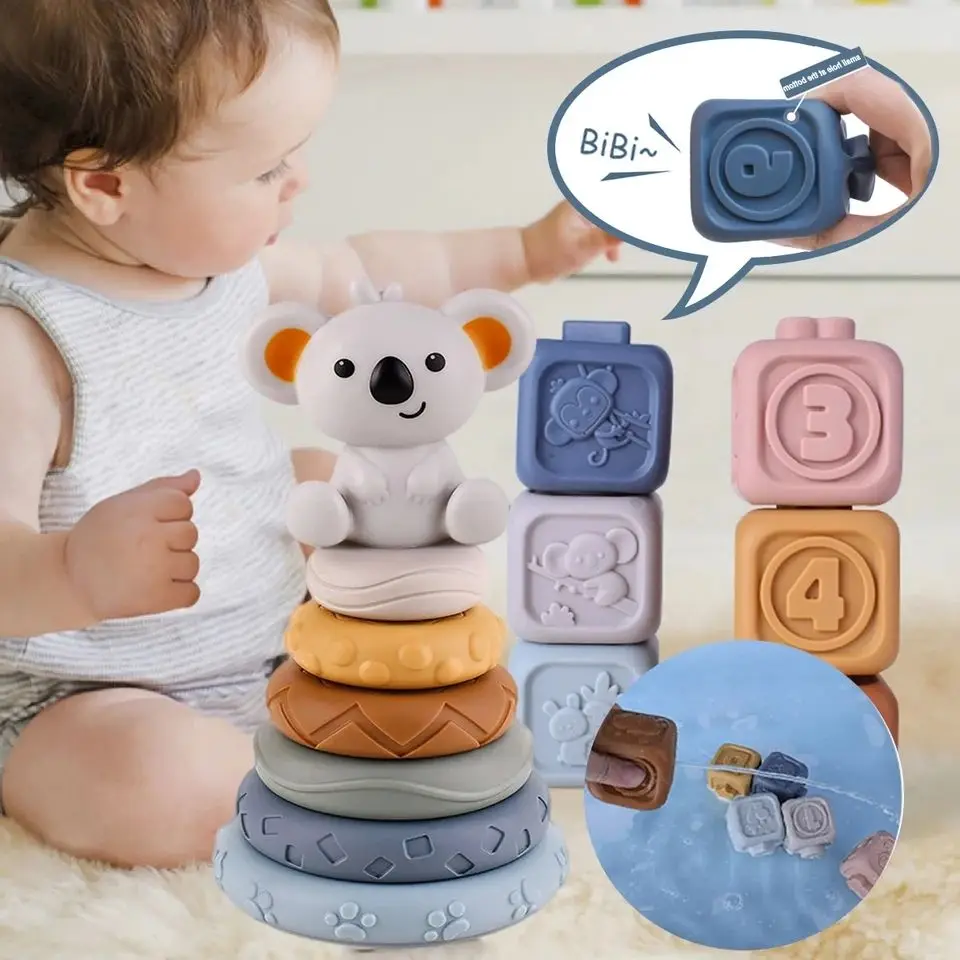 Soft Silicone Stacking Tower Block Toy Montessori Soft Cubes Bath Teether Rattles Building Blocks Toddlers Educational for Kids