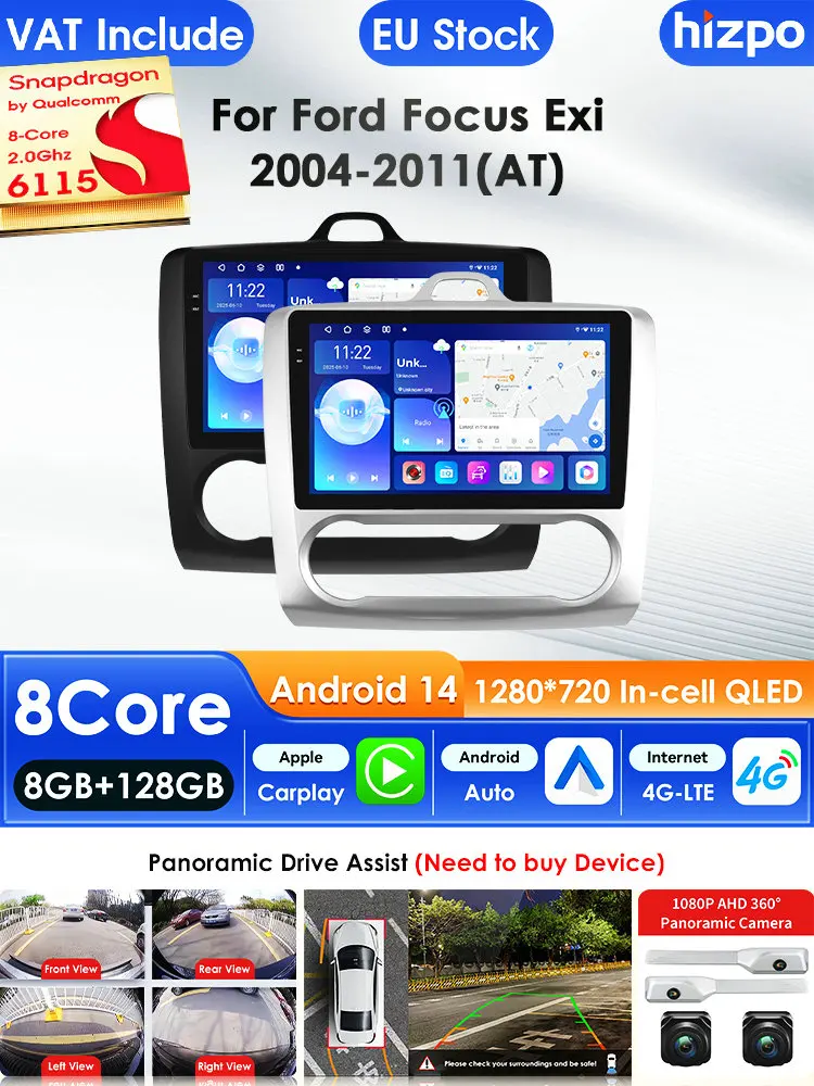 Hizpo 2 Din Carplay AI Systeme Android 14 Autoradio für Ford Focus Exi 2004-2010 Multimedia-Videoplayer GPS Autoradio 360 CAM