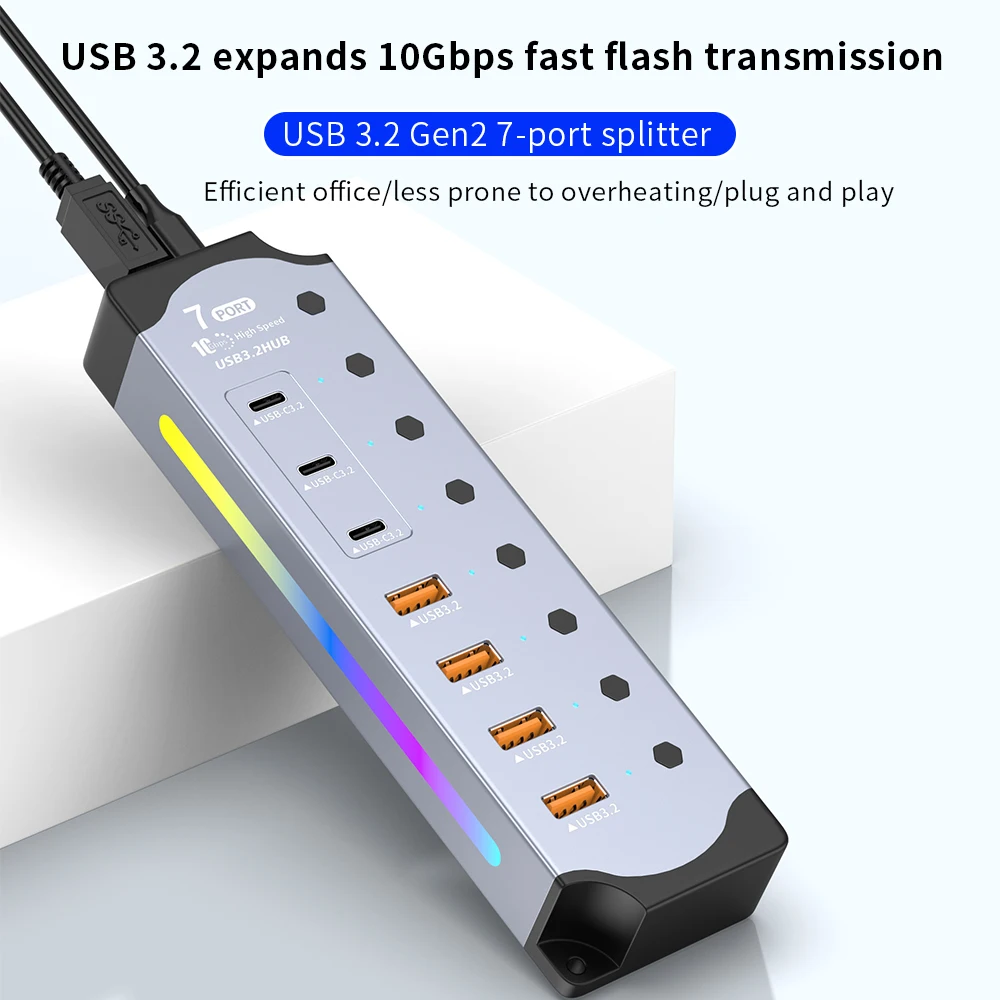 7Port USB 3.2 USB-C Hub 10Gbps USB-A USB-C Ports Splitter Individual Switches 12V US/EU Power Adapter Expander for Laptop PC