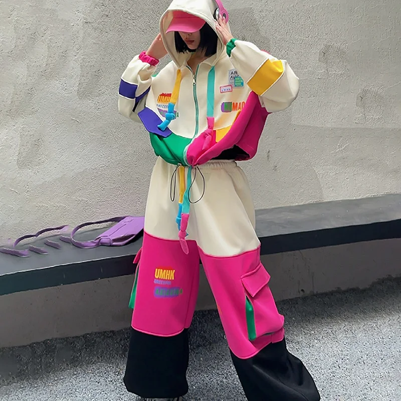 

Multicolour Patchwork Zipper Hoodies 2 Piece Set Woman Outfits Oversized Pant Sets Korean Fashion Short Jacket Matching Sets
