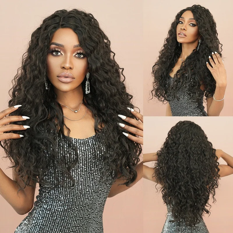 Lace synthetic hair wavy brown long curly hairstyle for women with middle part