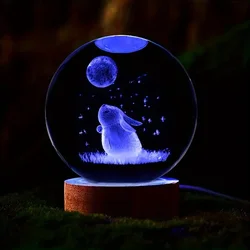 1pc 3D carved rabbit Moon crystal ball, wooden base, birthday, Valentine's Day, Mother's Day, home and office decoration