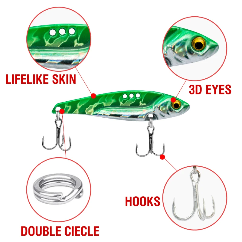 6 Stück Angelköder 3g/5g/7g/10g/14g/17g/20g Spinner Balancer Metall-Löffelköder VIB Bionischer Köder Sinkender Jig mit 3D-Augen für Vollständiges Schwimmen – Detail 4
