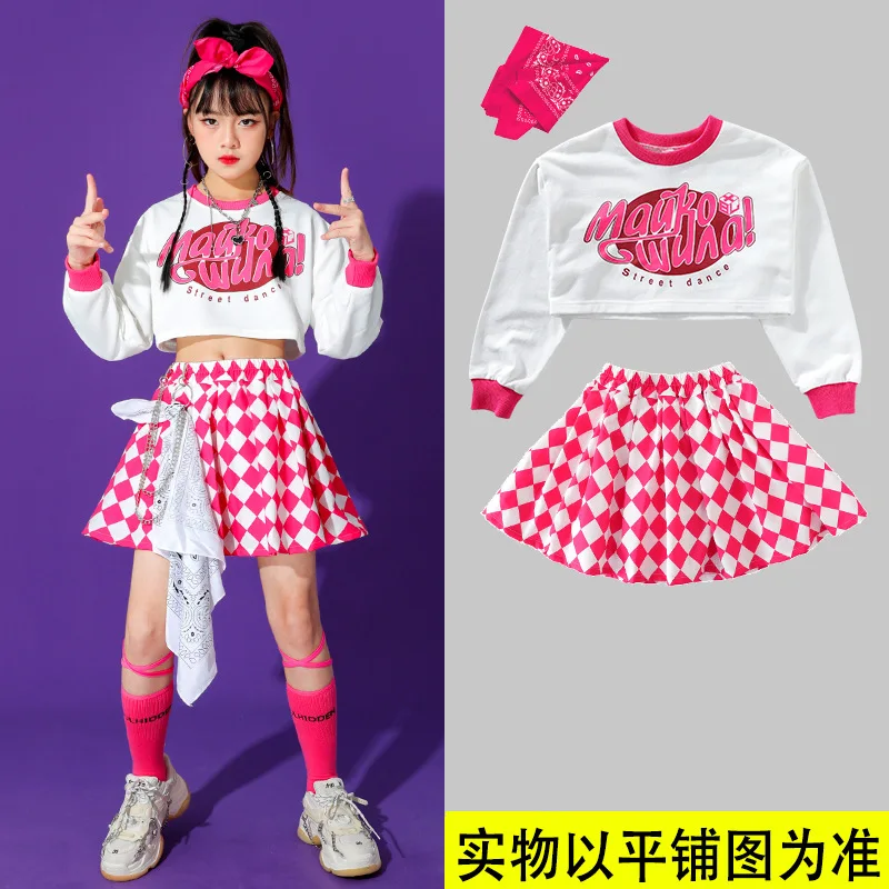 Child Sweatshirt Plaid Skirt Hip Hop Girls Crop Top Cargo Pants Kid Streetwear Jazz Cheerleader Street Dance Costume Clothes Set