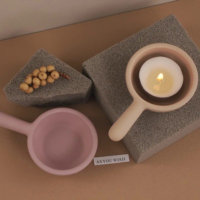 With Handle Candle Cup Mold Frying Pan Shape Candle Holder Conrete Mould Storage Cup Gypsum Concrete Casting Craft Molds