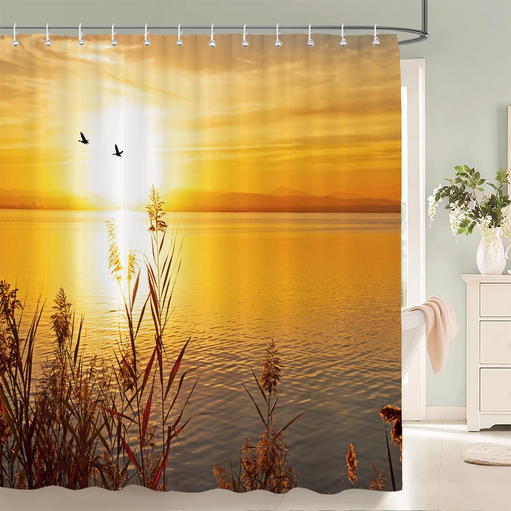 High Quality Sunset Dusk Fabric Shower Curtain Waterproof Beautiful Natural Landscape Bath Curtains for Bathroom Decor with Hook