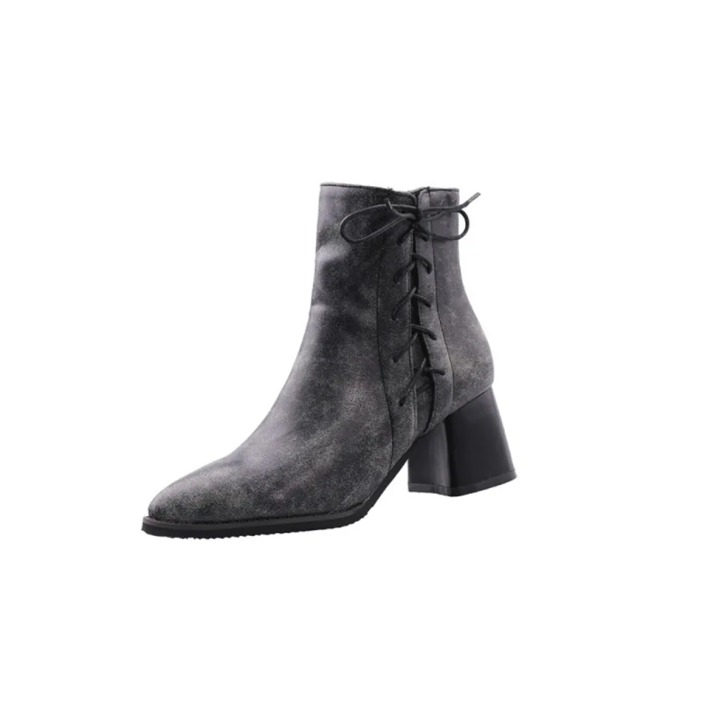 

Botines Mujer Ботильоны женские модные с острым носком на толстом высоком каблуке, большой размер 46, 47, 48, популярные матовые короткие ботинки -62