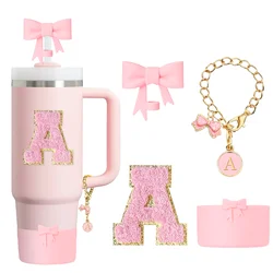 4 Pcs of cups accessories,Bow cup holder, Bow pendant, Bow silicone straw cap, Initial Name ID Letter Handle Charm-Pink