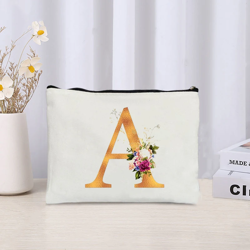 A-Z Initial Makeup Cosmetic Bags Organizer Trendy Canvas Zipper Clutch Gift for Mom Lipstick Jewelry Storage Bag Portable Purse