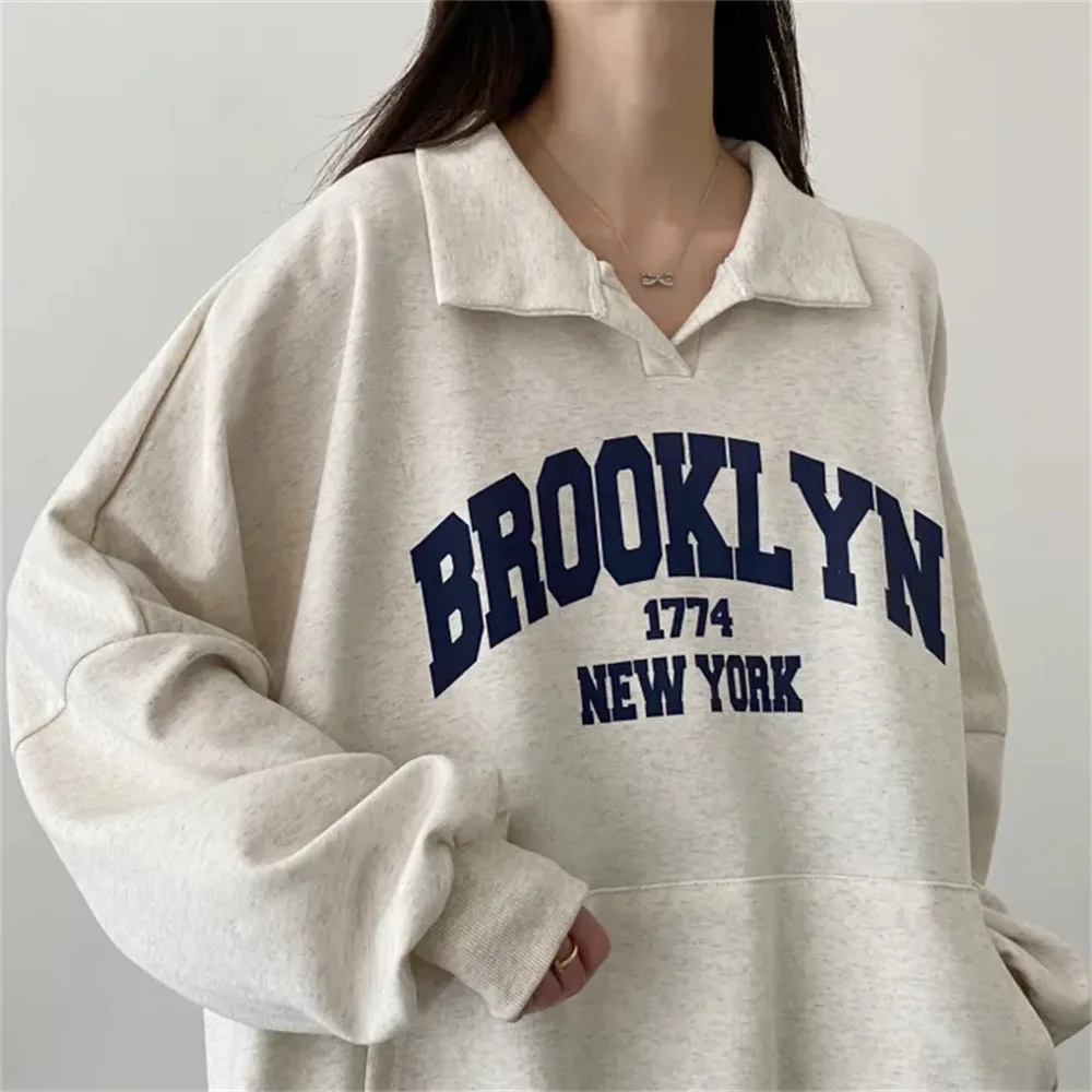 Women Brooklyn Letter Printed Long Sleeves Pullovers Hoodie Oversized  Loose Fashion High Strecth Hoodie Sweatshirt Clothes