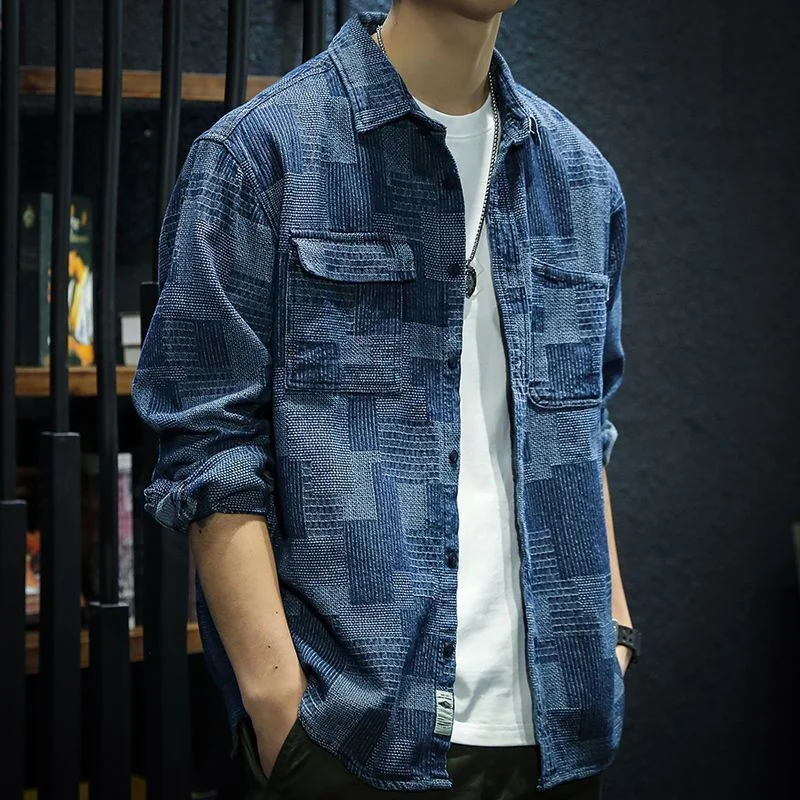 

MenS Retro Loose Denim Jacket Casual Plaid Long Sleeve Shirt For Spring And Autumn