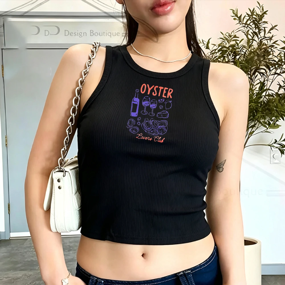 Hand Sketch Oyster Wine Glass Bottle Art Print Camisole Ribbed Tank Top Crop Y2K Top Ladies Cropped Slim Vest Short Crop Tops