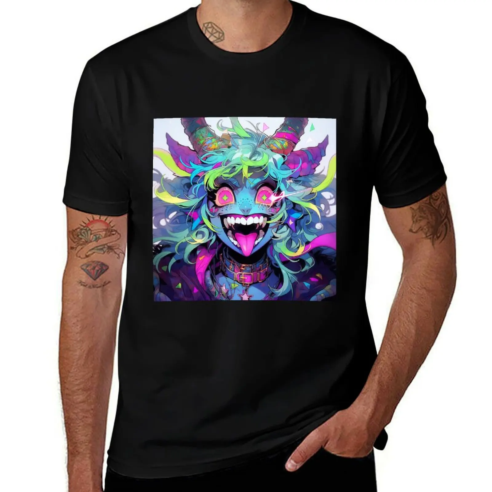 T-shirt à col rond avec imprimé vintage de fille démon anime colorée et excitante