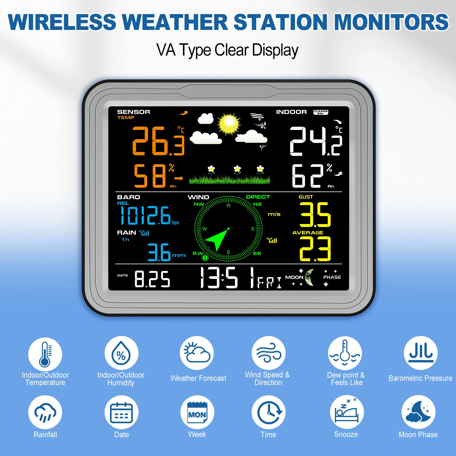 6-in-1 Wireless Weather Station with Large Adjustable Backlit Screen Real-time Monitoring for Temp/Humidity Pressure Wind/Rain