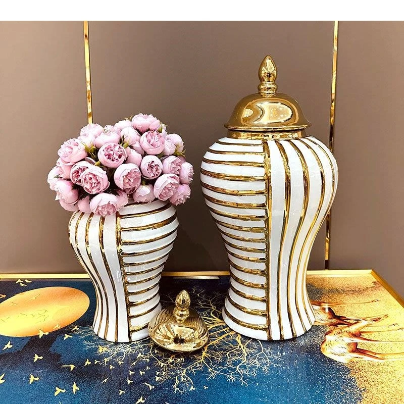 Golden Geometric Stripe Ceramic Storage Jar Gold-plated Floral Vase Flower Arrangement Desktop Jewelry Cosmetic Container