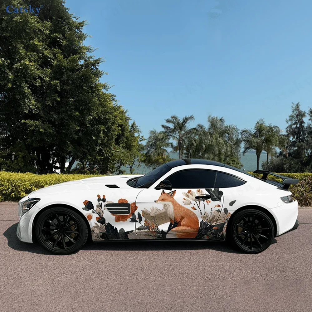 Red Fox Reading Flower Field Car Side Sticker Decor,PVC Waterproof Scratch Resistant Decal,Car Protection,Auto Accessories Gift