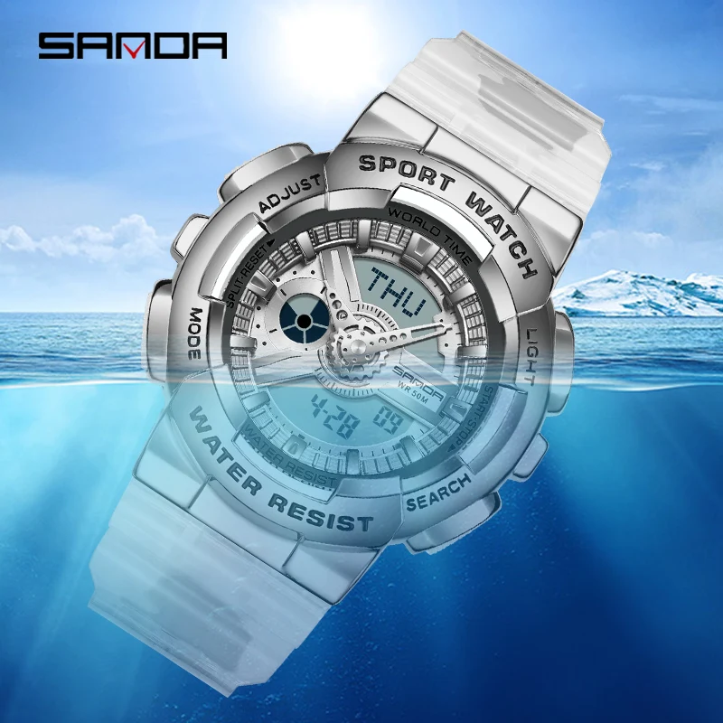 SANDA Top Brand Men Watch Luxury Dual Time Electronic Movement Watches Stopwatch Countdown Digital Clock For Man Luminous Hour