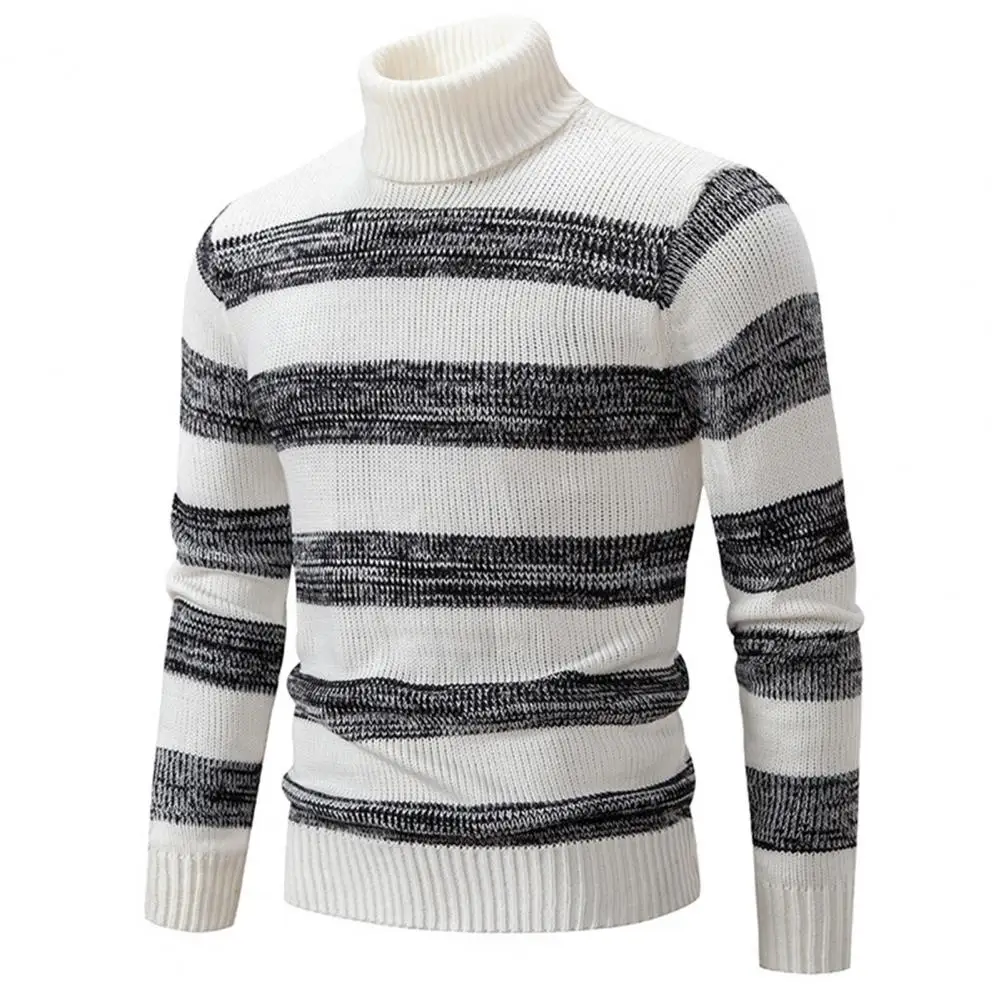 Men Fall Winter Sweater Striped Colorblock Knitted Long Sleeve Elastic Pullover Thick Warm Sweater