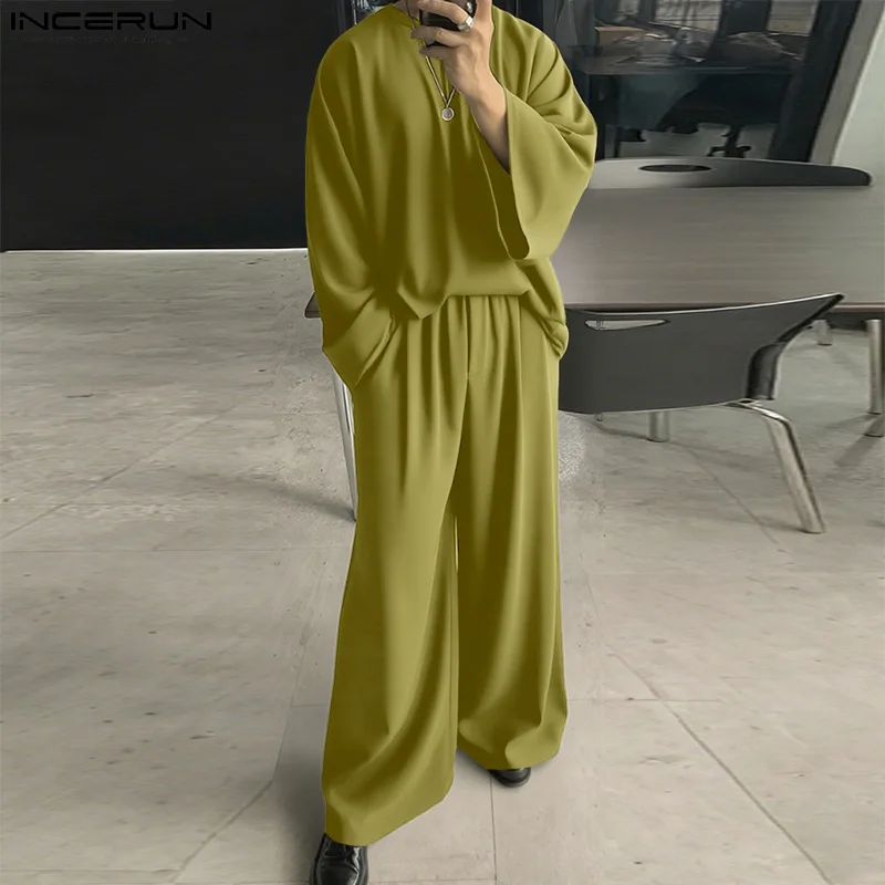 

INCERUN Мужские комплекты Однотонная футболка с круглым вырезом и длинными рукавами и брюки Комплекты из двух предметов Уличная одежда Свободные модные повседневные мужские костюмы S-5XL