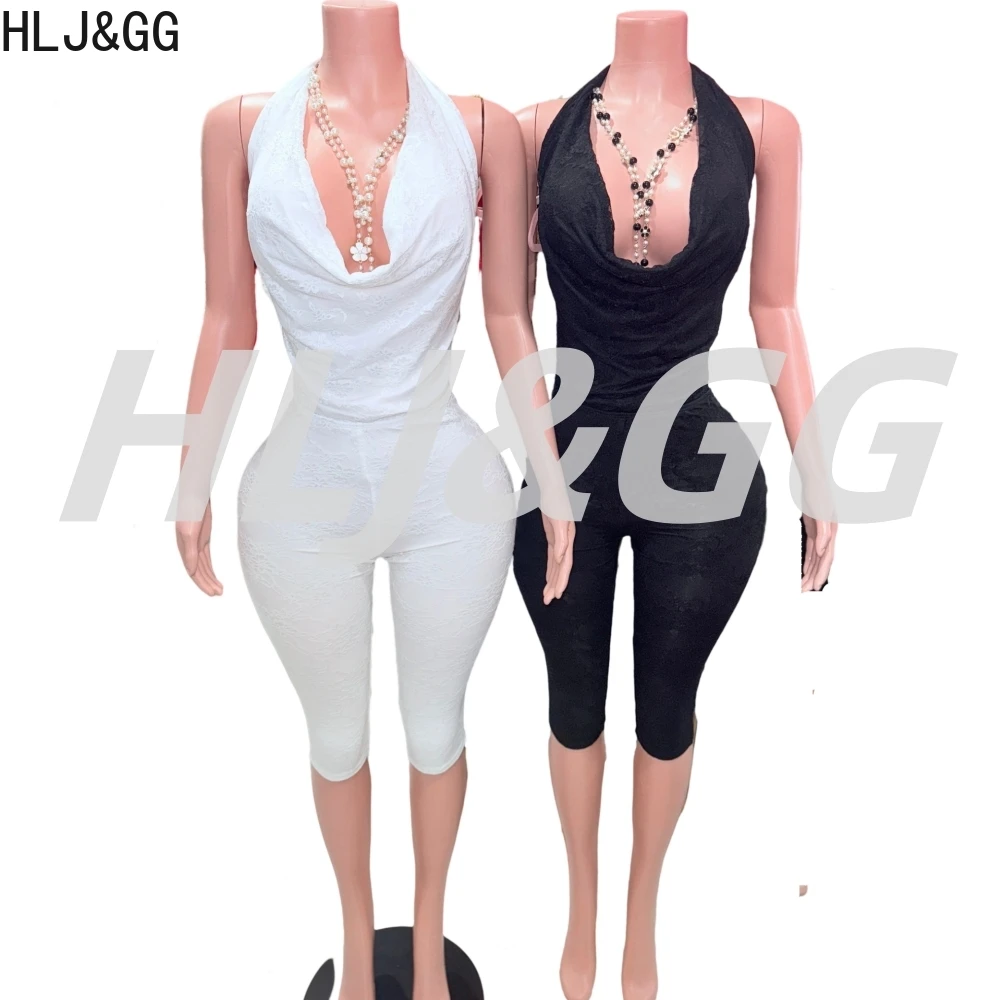 HLJ&GG Sexy Halter Lace Backless One Piece Jumpsuits Women Deep V Sleeveless Slim Playsuits Fashion Solid Clubwear Overalls 2025