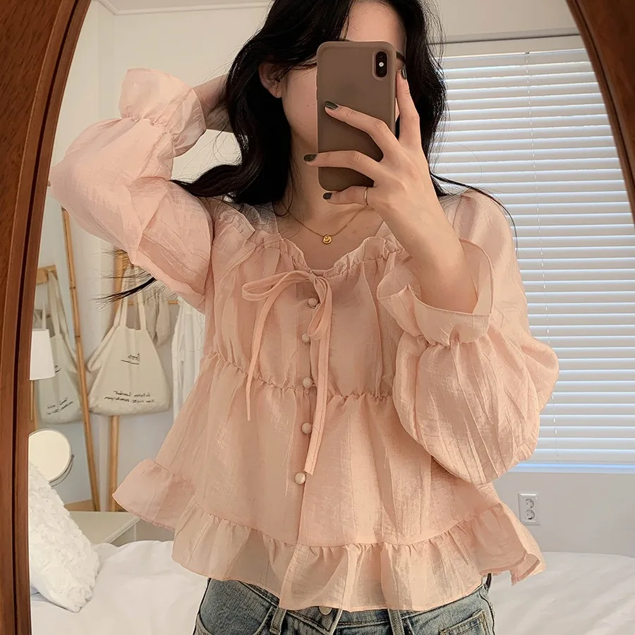 

Retro Sle Women's Long Sve irt Spring 2026 Faion Gentle Square Collar Bow Ear Musoom Lace Trim Top Fem