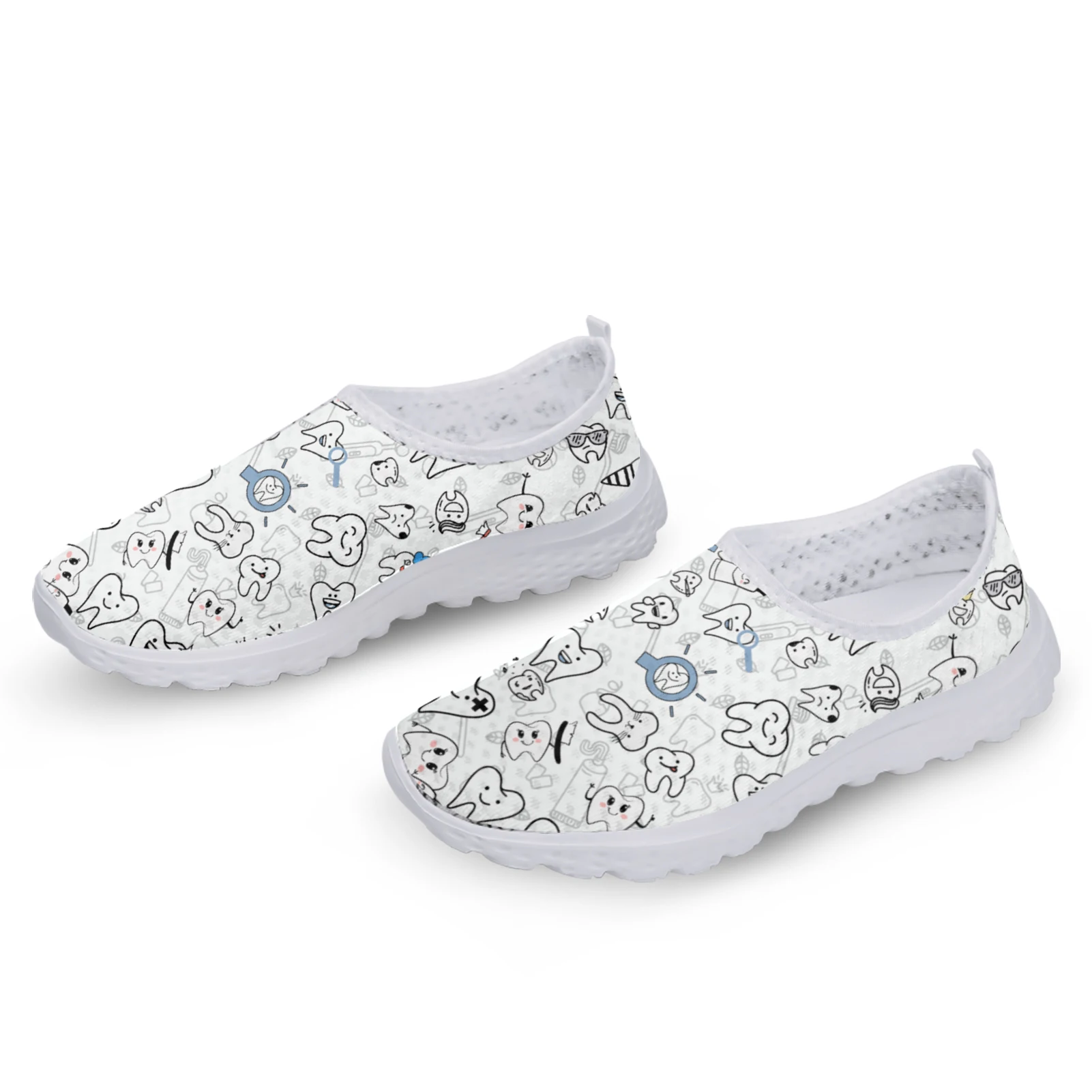 Ladies White Cartoon Teeth Print Summer Breathable Mesh Shoes Casual Comfortable Loafers Medical Zapatos Planos
