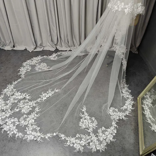 Imagen 2 del producto Velo de novia con lentejuelas brillantes, encaje personalizado, 2 niveles, 3 metros de largo, velo de novia con peine, fotos reales, velo, accesorios de boda