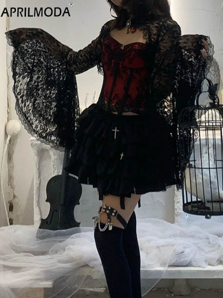 2025 Lace Flared Sleeve Cover Wraps for Evening Dresses Black Steampunk Cosplay Holiday Party Gothic Shrugs Punk Bolero Cardigan