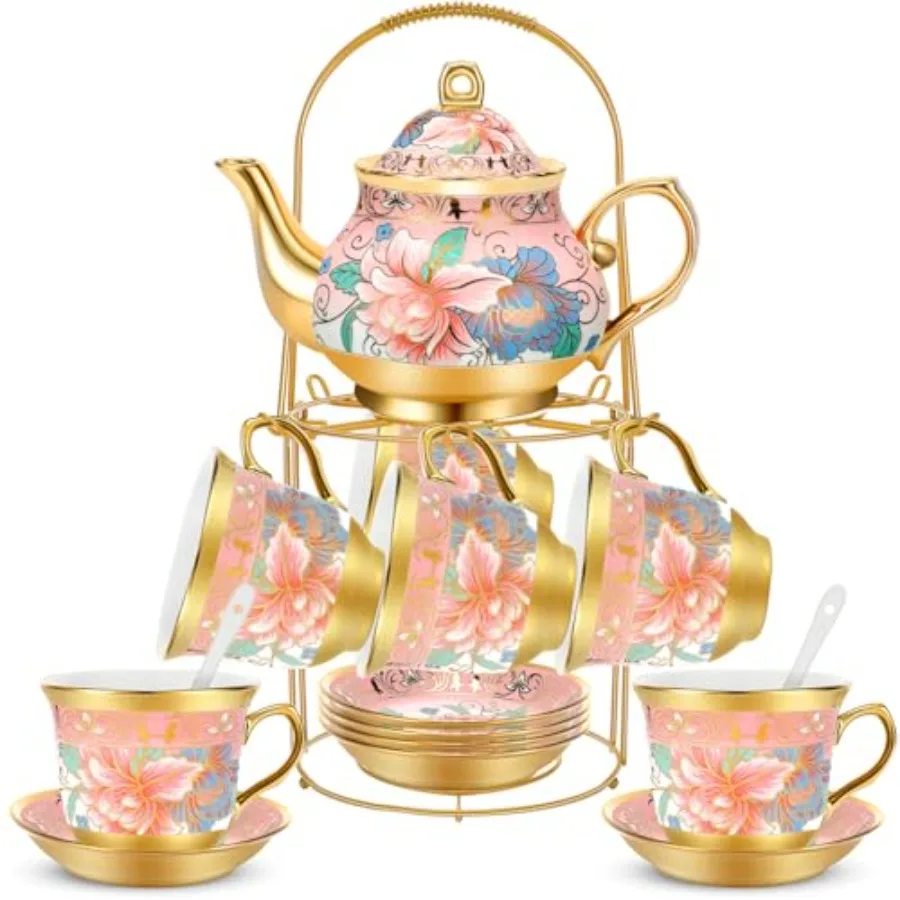 

20 Pcs Porcelain Tea Set for Adults with Metal Holder and Spoon European Ceramic Tea Party Set Flower Painting Teapot Cup Sauce