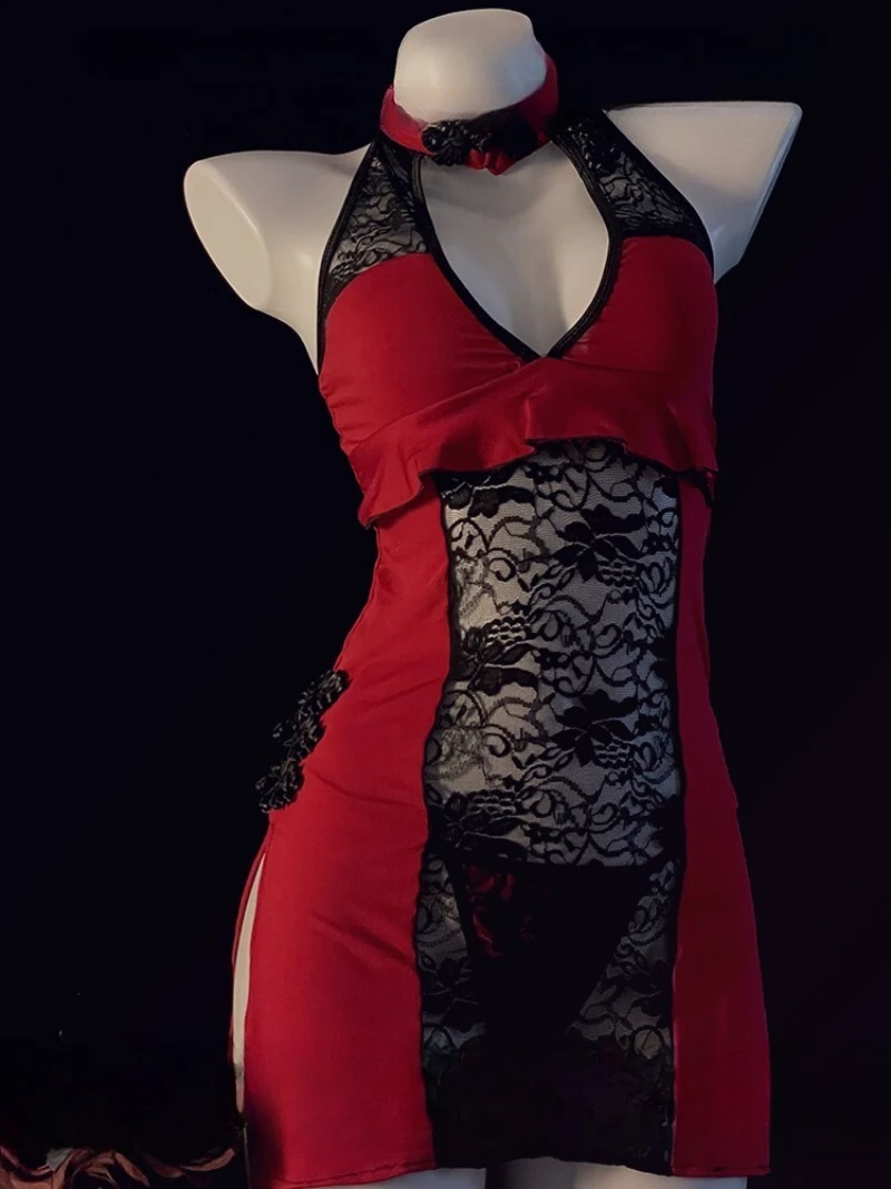 

Red Sexy Lace Seductive Retro Cheongsam Pajama—Ascetic Romantic Underwear for Women,Short Skirt“Pure Desire”Style Sleepwear