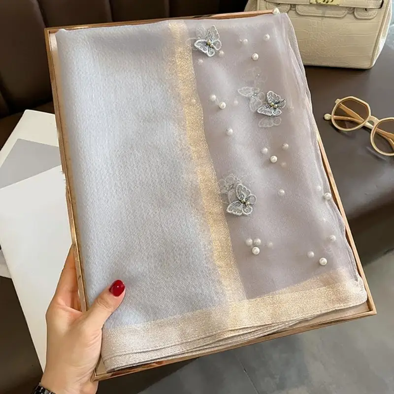 

L5YA Lightweight Polyester Embroidered Butterfly Scarf Women Hijab Stole Shawl Wrap Soft Durable Beaded Trim Gift