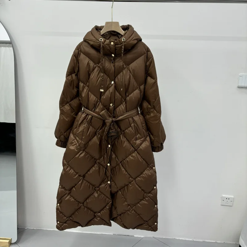 Schinteon Women White Duck Down X-Long Jacket Autumn Winter Warm Office Lady Outwear with Hood Belt Argyle Fashionable Coat 2025