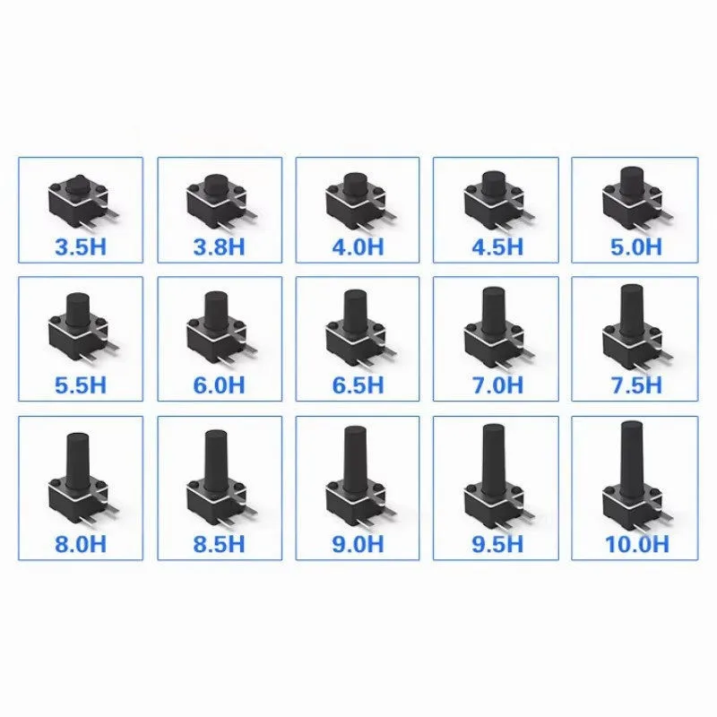 100pcs 4.5x4.5x3.8/5/6/7/8/9/10 mm Tactile Push Button Switch, Side Press & Side Insert, 3 Side Pins
