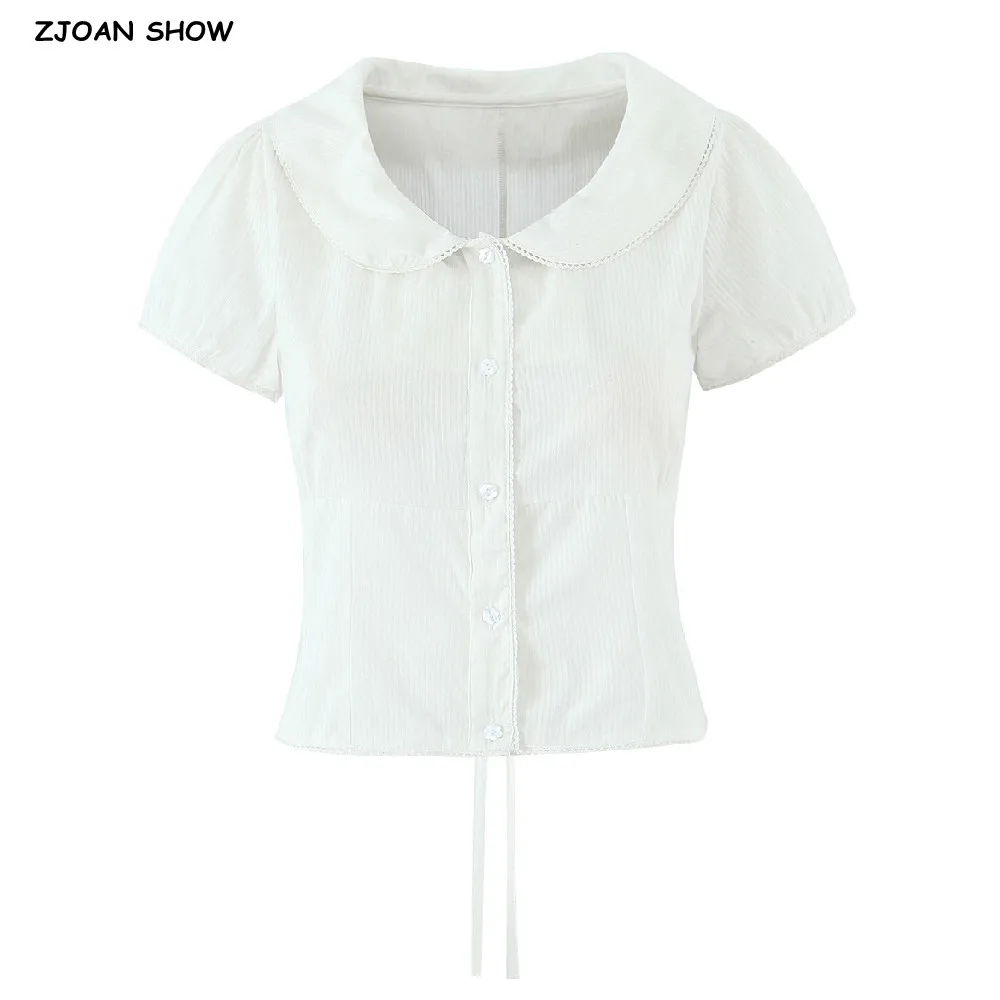 

2025 Stylish White Peter Pan Collar Short Puff Sleeve Shirt Women Lacing up Bandage Back Open Buttons Loose Blouse Crop Tops