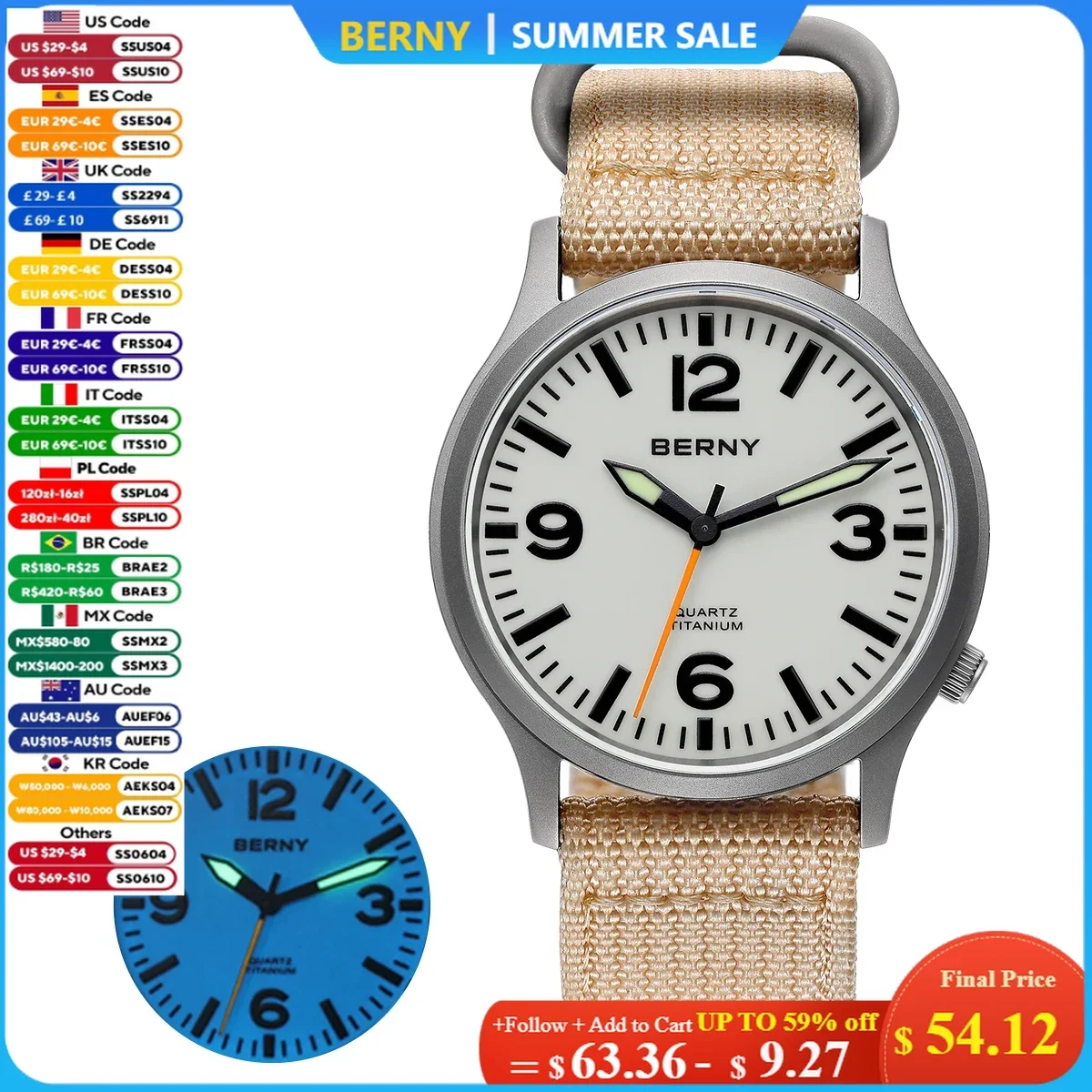 

BERNY Titanium Watches for Men Sapphire Field Sports Quartz Watch Full Luminous Dial Waterproof Pilot Wristwatch for Outdoor