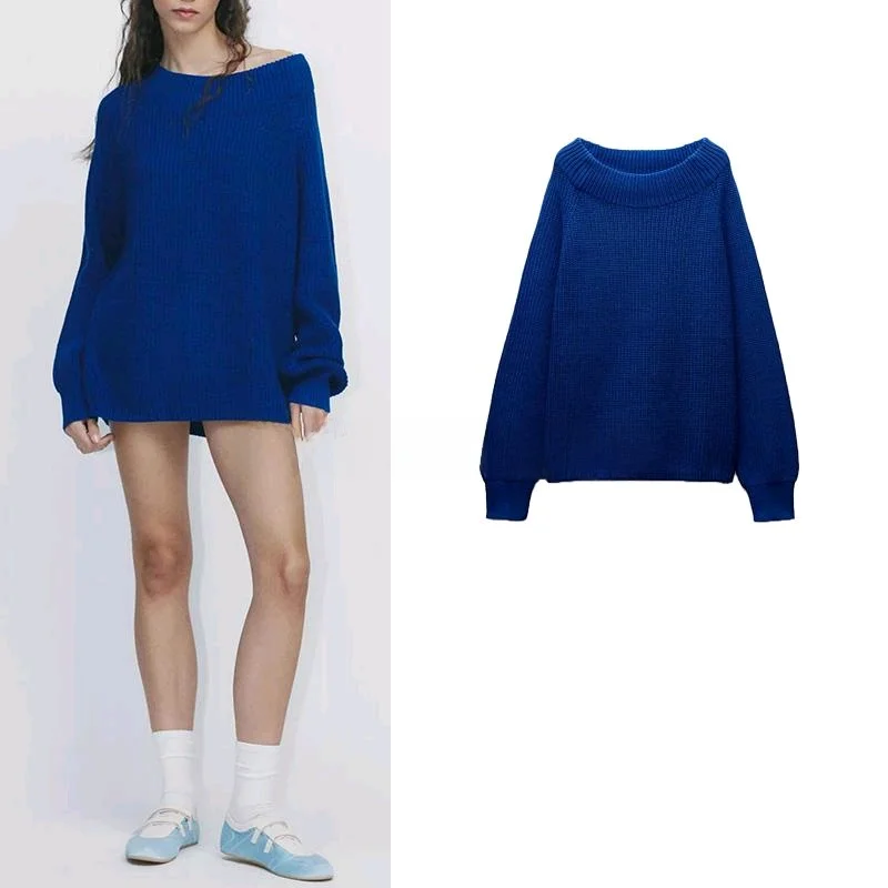 

Spring New Arrival Women's Knitted Sweater round Ne Long Sve Loose Fit Flat Needle Versatile Casual Polyester Fiber