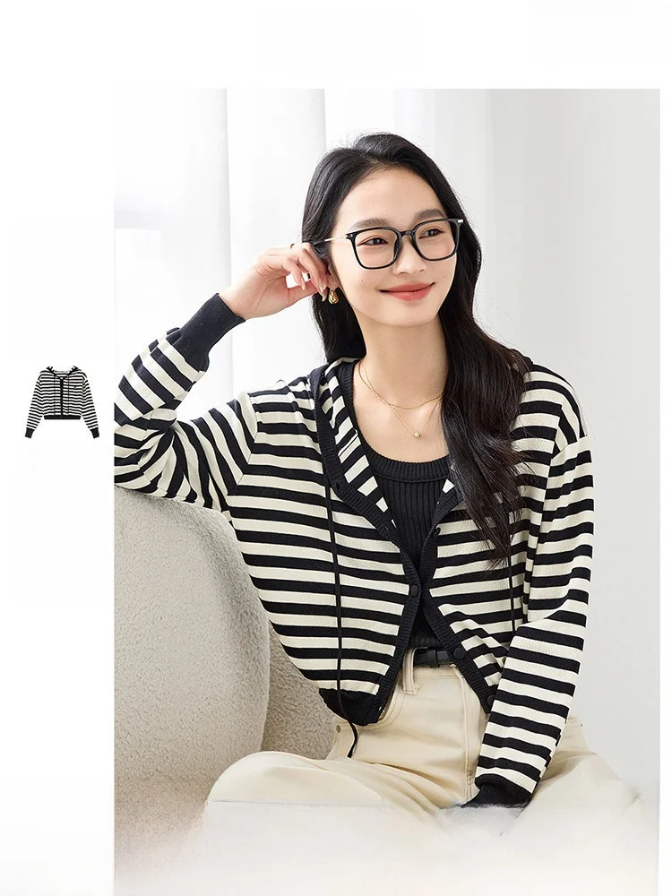 

Casual Striped Knitted Open Cardigan Women's Spring Autumn New Simple Match All-Match Outerwear Top Vimal Regular Fit Embroid...