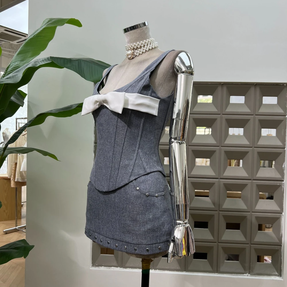 Verão 2025 cinza desossado espartilho superior alças de gravata bodycon mini saia conjunto feminino sexy glamour clubwear festa roupa de duas peças