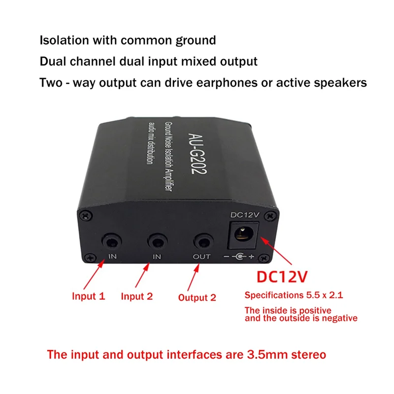 AUG202 Audio Mixer Distributor DC5-18V Ground Noise Isolation Amplifier Dual Channel 2 in 2 Out Audio Mixer US Plug