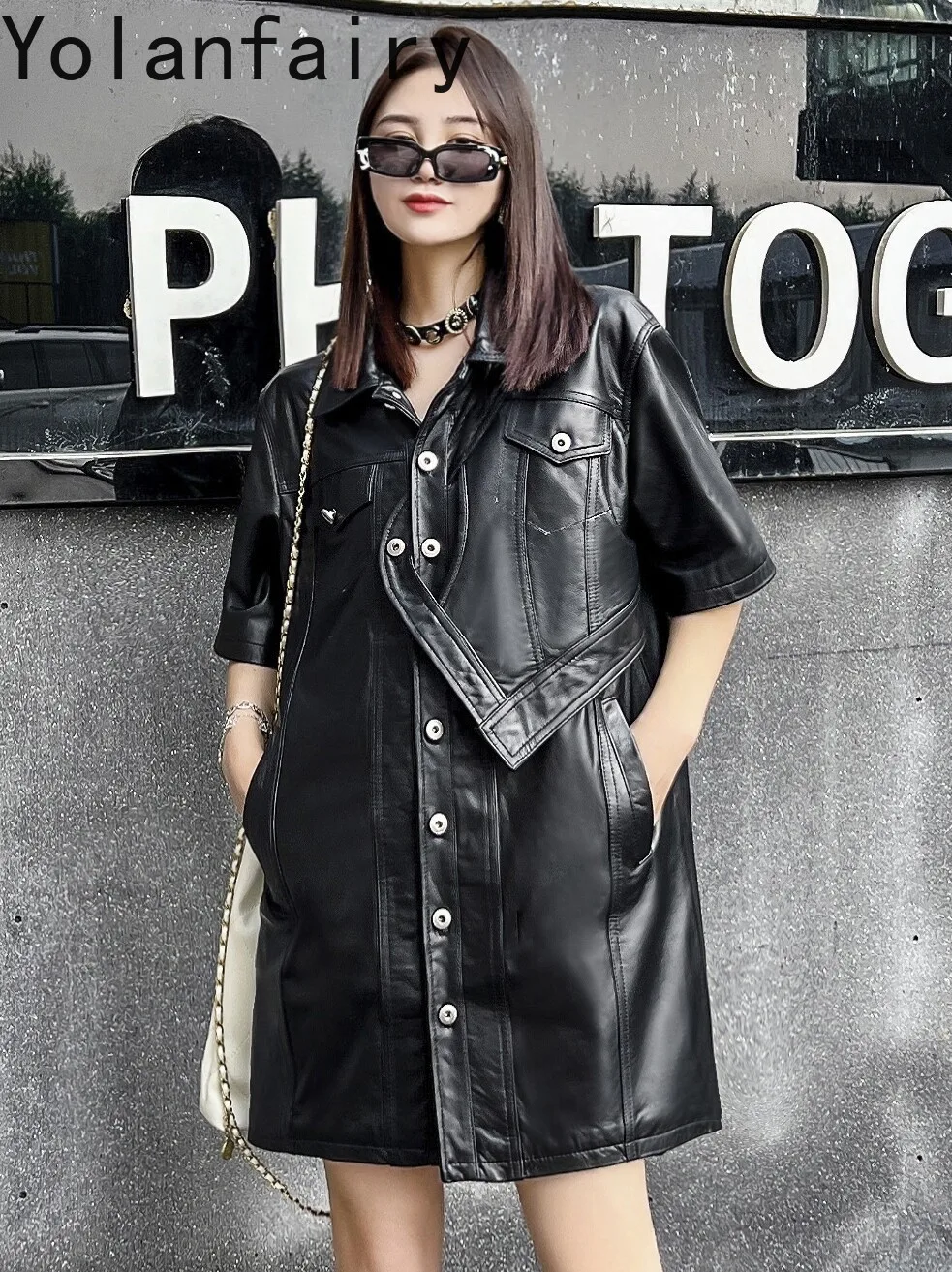 YOLANFAIRY Genuine Sheepskin Leather Jacket Women Mid-Length Trench Coat 2026 Autumn Black Half-Sleeve Leather Jacket  Slim Fit