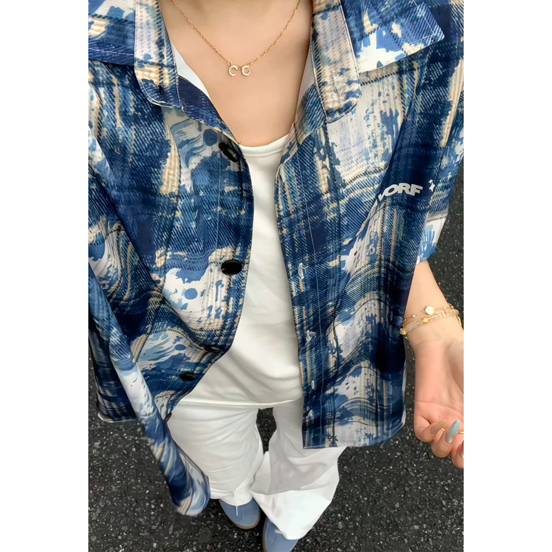Plaid Ice Feel Tie Dye Short Sleeve Shirt Men Women Casual Loose Plus Size Shirt Thin Fabtic Pink Blue Green Clothes