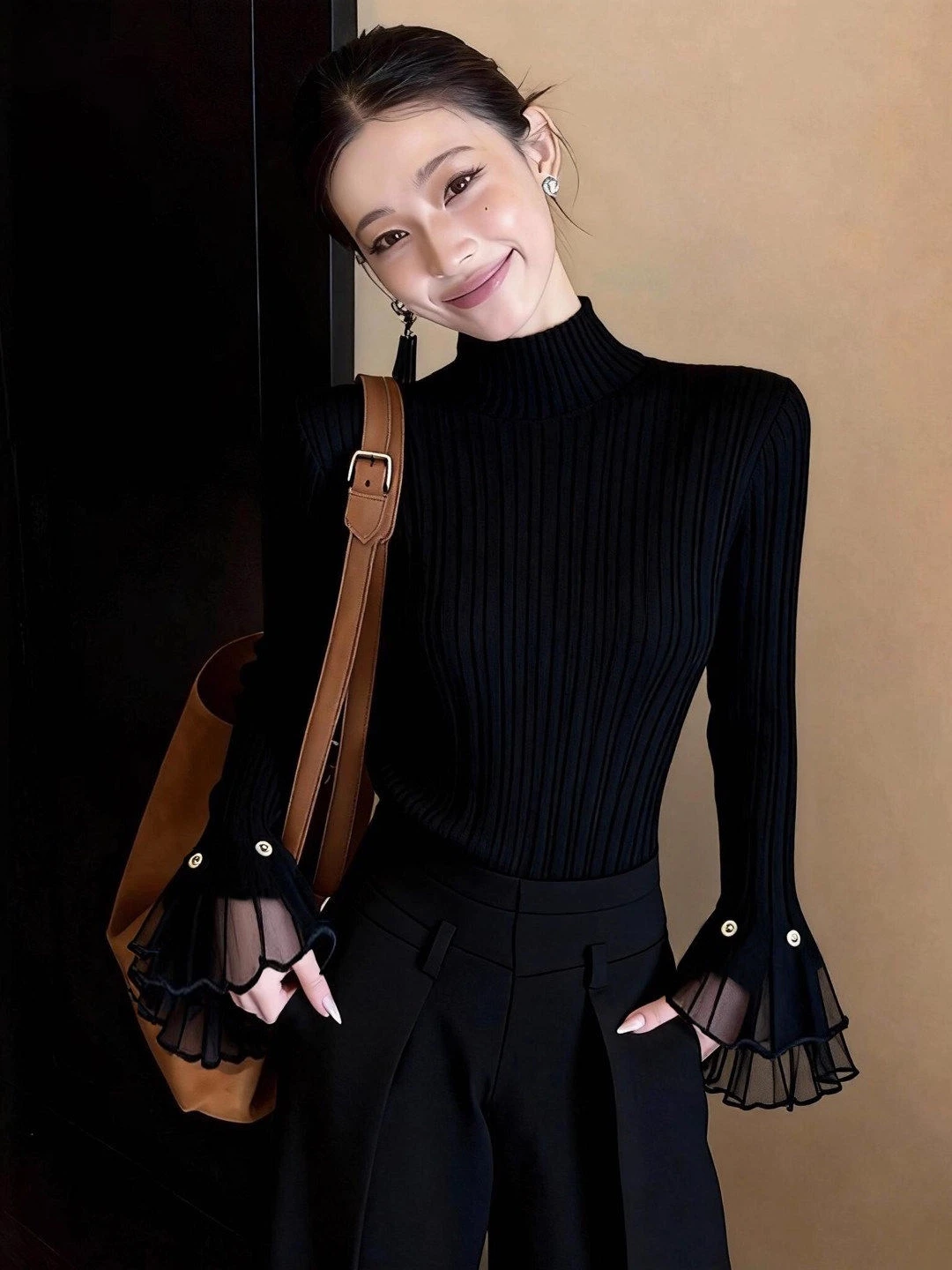 

Ele Slim Fit Bla Bell Sve Top Women's Faion Spring 2026 Early Season American Sle irt Ladylike Personali