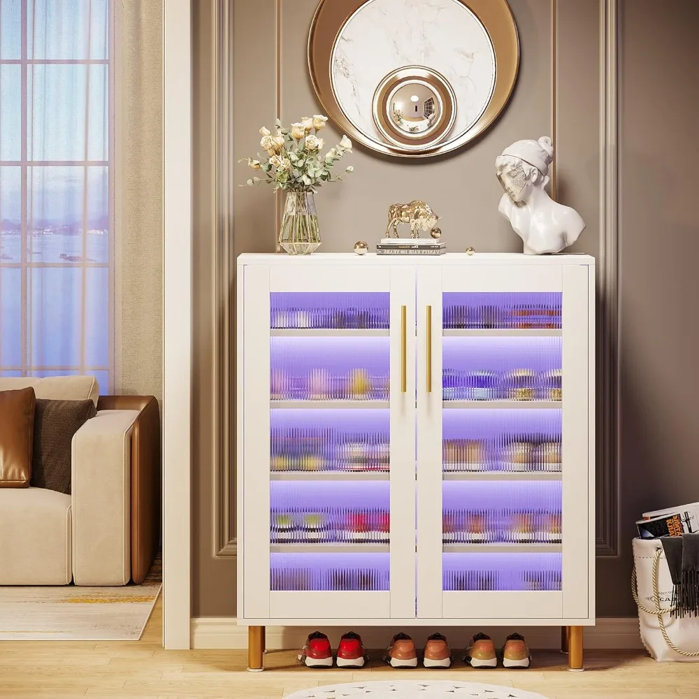 Shoe Cabinet with Acrylic Doors and LED Light, 24 Pairs Entryway Shoe Organizer Storage Rack with 5-Tier