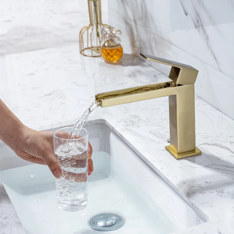 

Hot Cold Brush Gold Basin Faucet Bathroom Waterfall Sink Faucet Single Lever Brass Crane Water Mixer