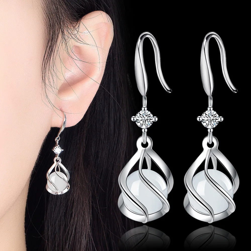 

925 Sterling Silver Earrings Moonstone Zircons Earrings Ladies Fashion Simple Birthday Party Wedding Anniversary Jewelry Gift