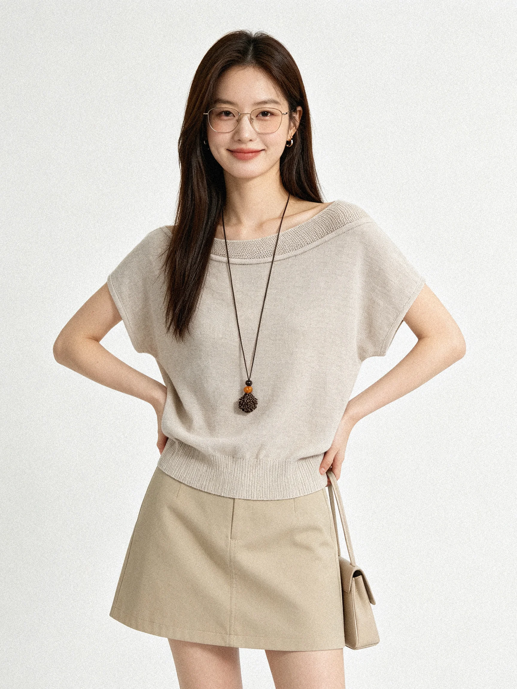 Korean Style Versatile Atmosphere Off-Shoulder Knitted Short Sleeve Pure Color Top Early Autumn Slimming Effect Casual Wear